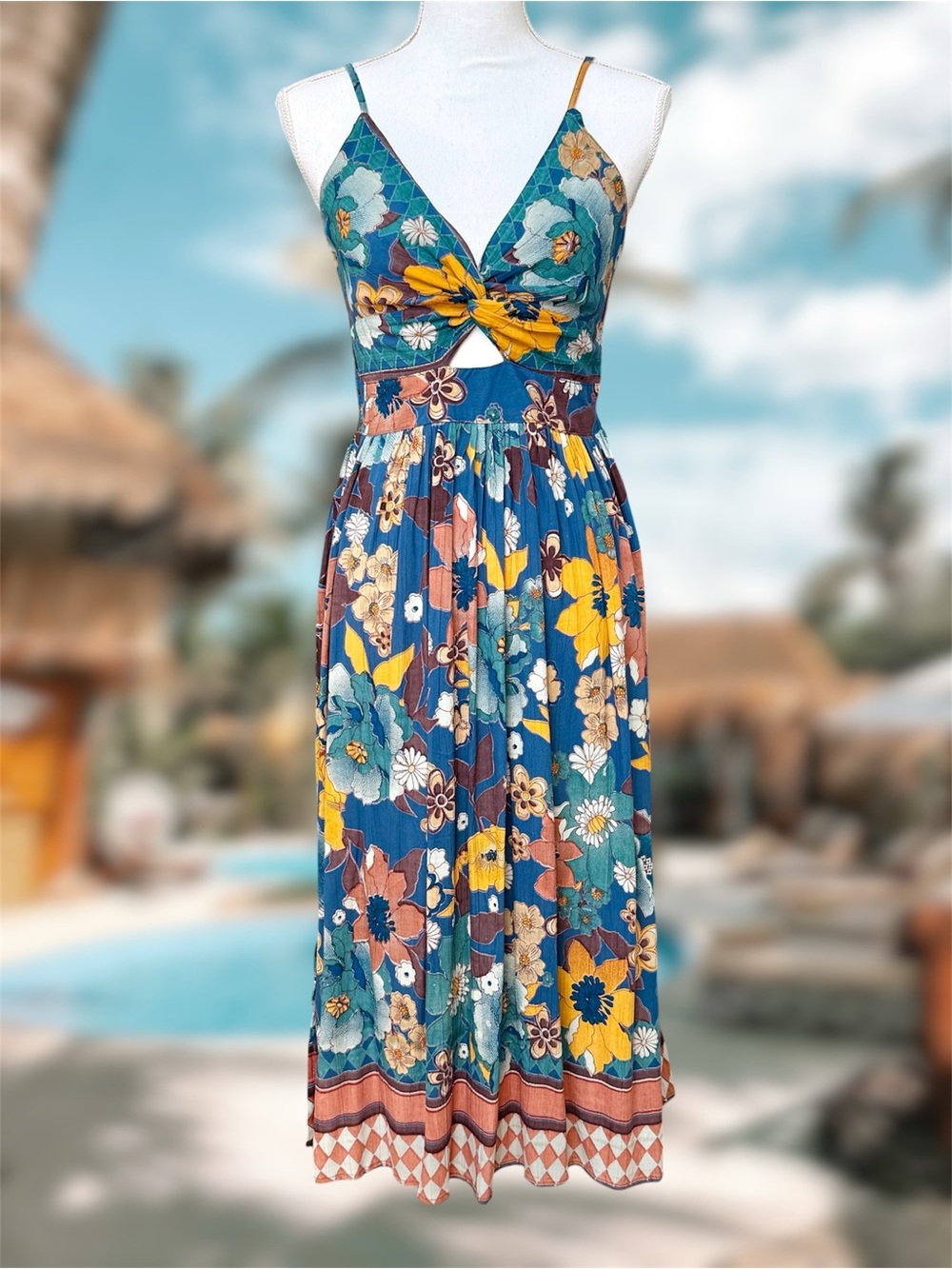 ANGIE Blue Teal Multi-colored Floral Maxi Dress with Adjustable Straps Sz L NWT